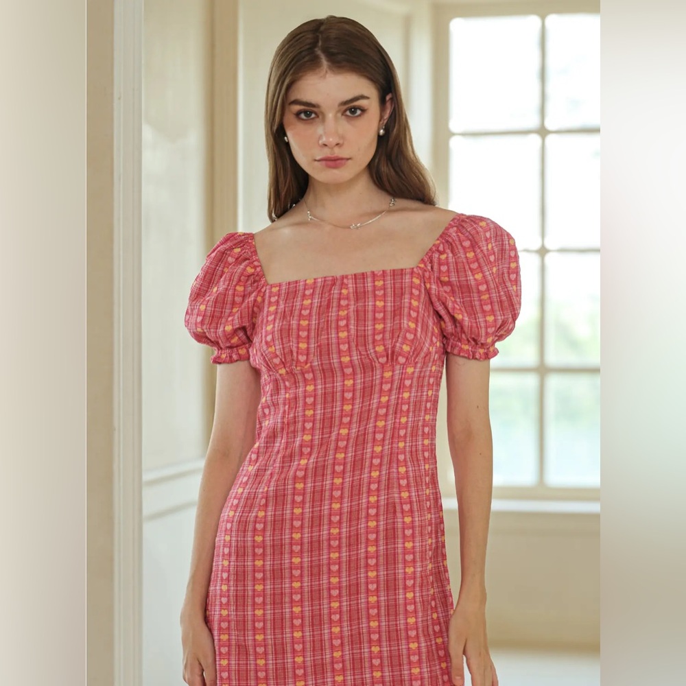 Rosie Posie Pink Yellow Heart-Patterned Plaid Puff Sleeve Dress NWT size medium - Picture 1 of 4